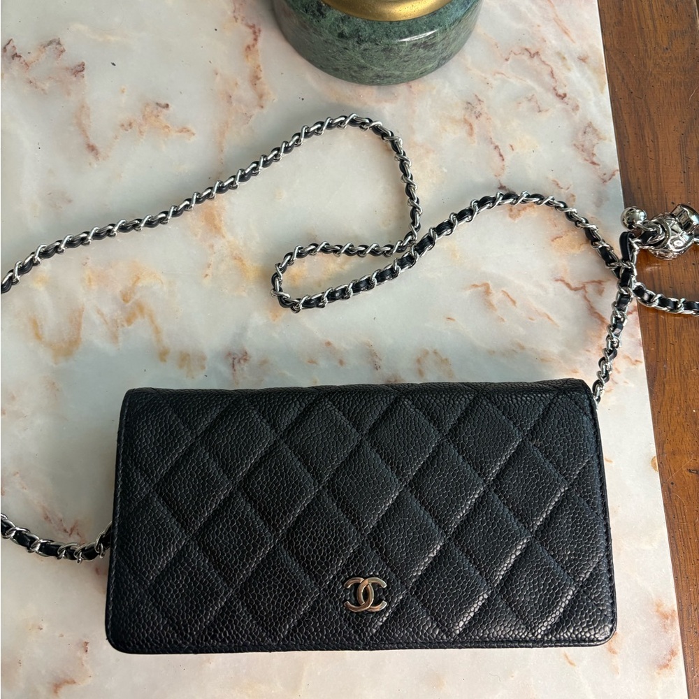 CHANEL Silver Hardware Black Quilted Leather Wallet w/ Chain Strap | WOC - Picture 2 of 14